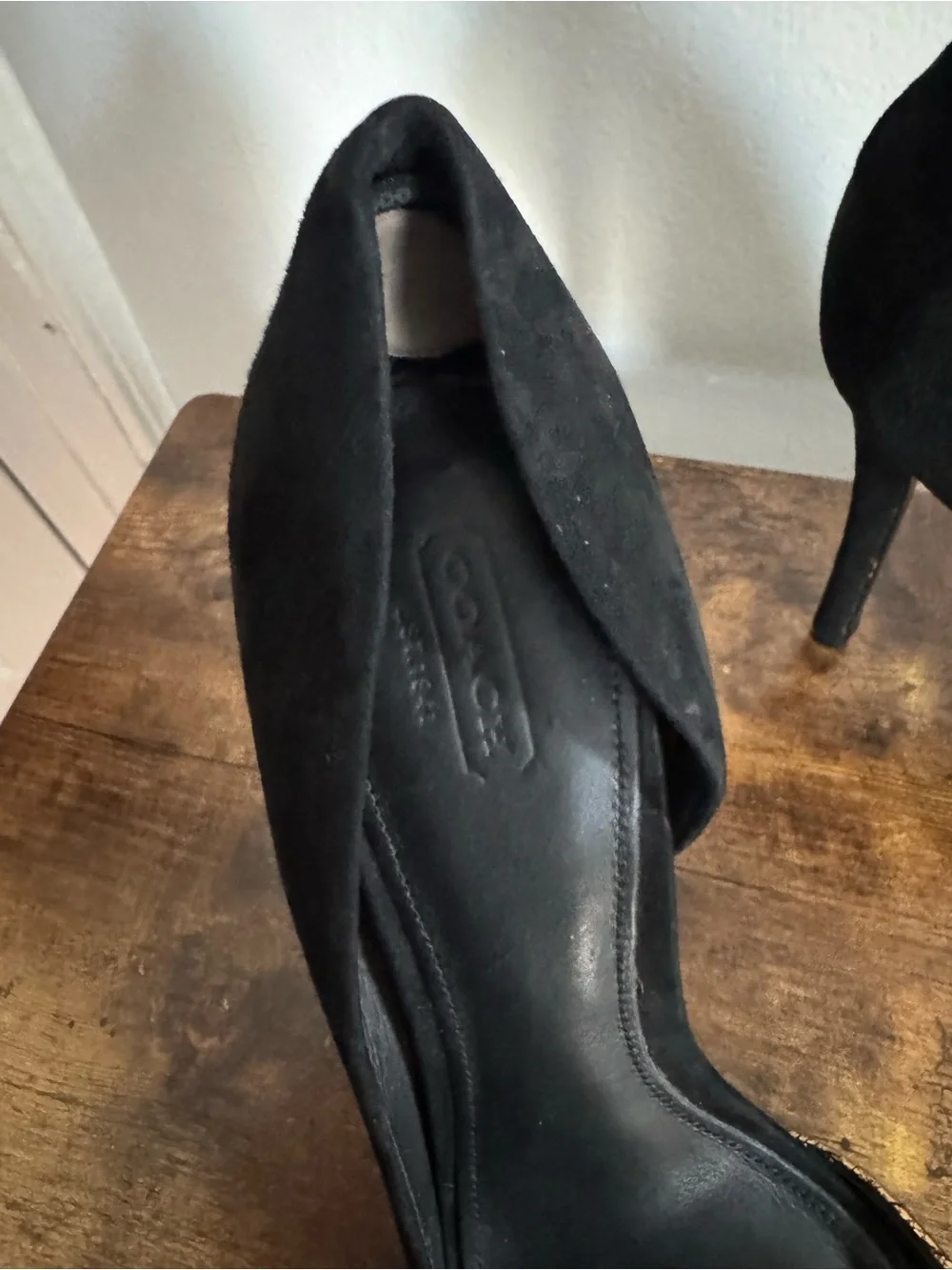 Coach Black Suede Peep-Toe Pumps with Gold Accent size 10